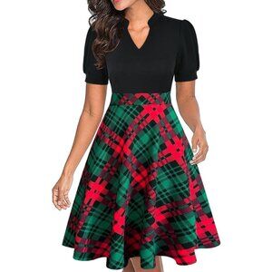 WomenBlack+ Plaid1 Short Puff Sleeve Flare Semi-Formal Summer Dress With Pockets